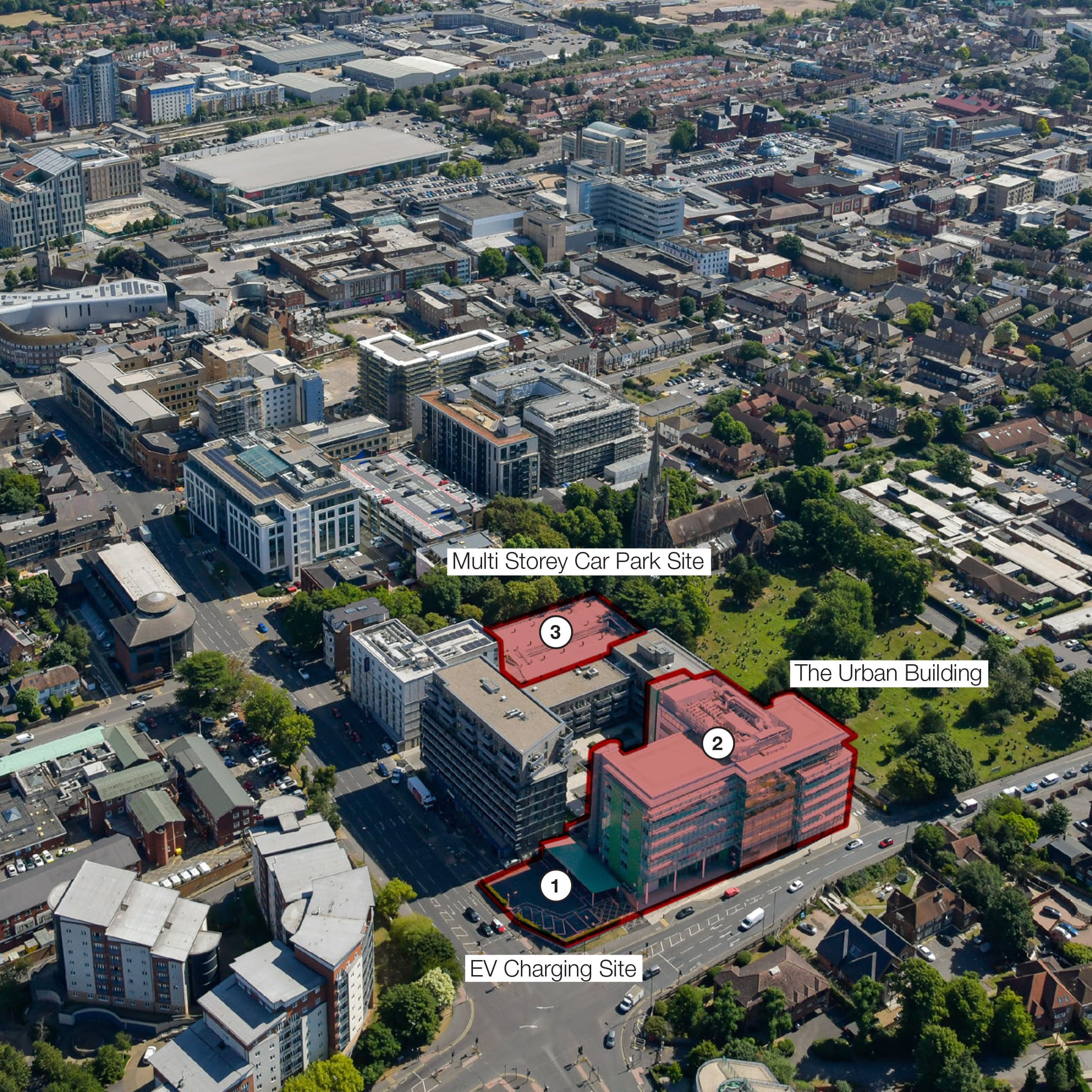 Aerial view identifying the EV-charging site, Urban Building and multi-storey car-park site
